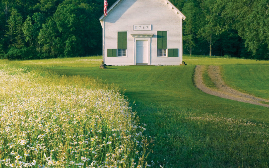 field of daisy wildflowers and old country church