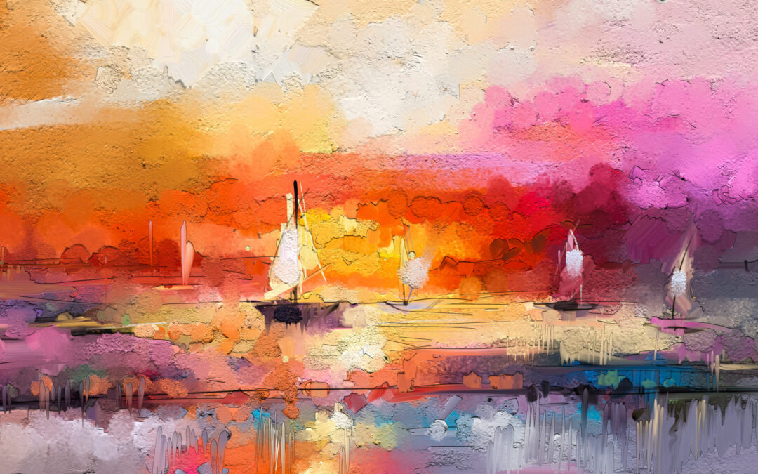 Colorful oil painting on canvas texture. Impressionism image of seascape paintings with sunlight background. Modern art oil paintings with boat, sail on sea. Abstract contemporary art for background