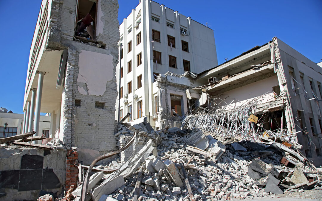 War in Ukraine. Destroyed Ukrainian house in the city of Kharkov as a result of the attack of the Russian army on Ukraine. Russian military aggression against Ukraine.